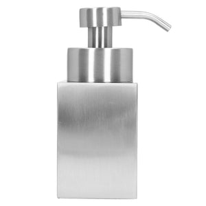 Foaming Soap Dispenser in brushed silver stainless steel with a rectangular body and curved pump nozzle