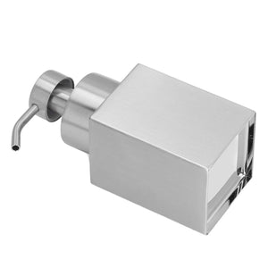 Foaming Soap Dispenser with a brushed silver stainless steel rectangular body and curved metal pump spout