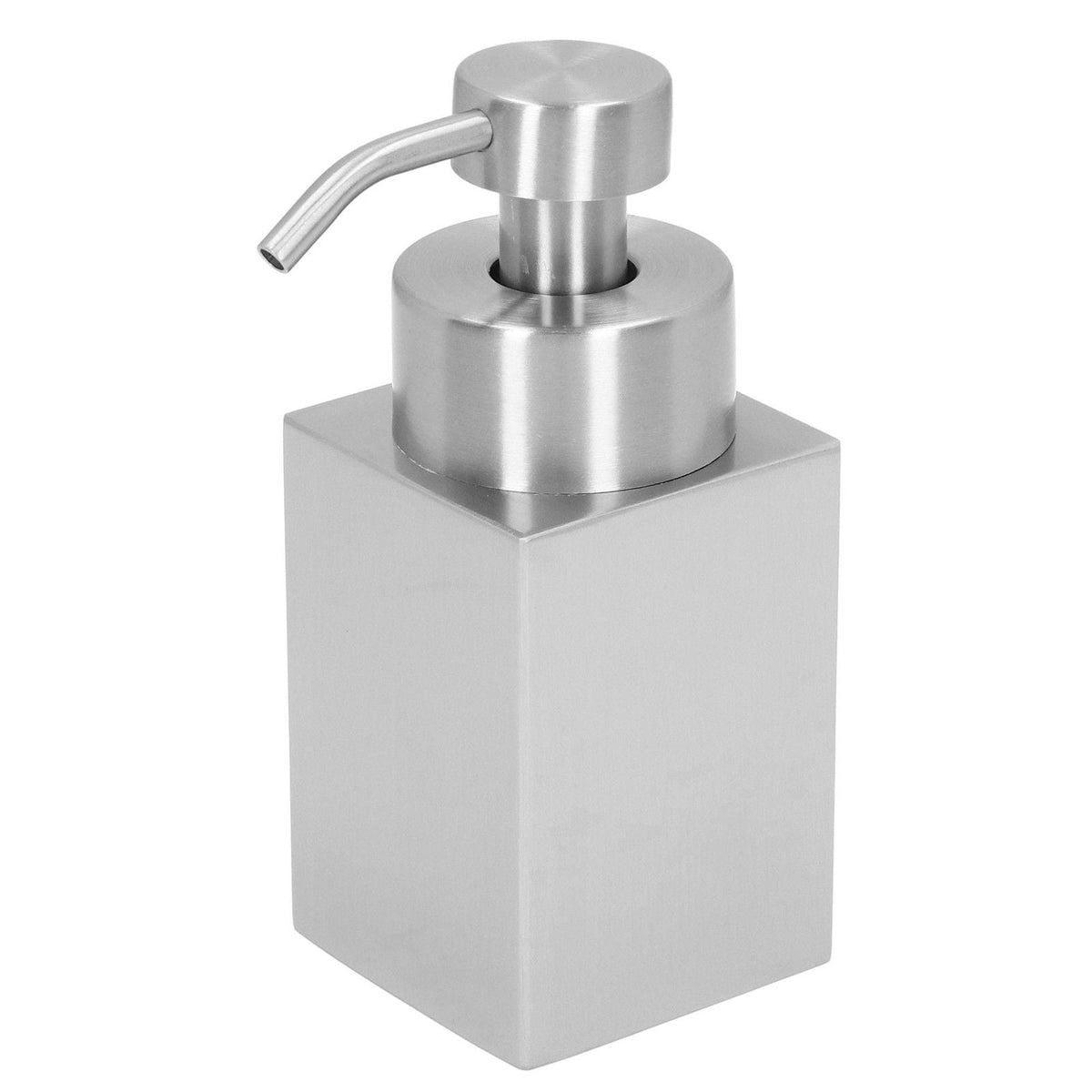 Foaming Soap Dispenser in brushed silver stainless steel, with a square bottle and rounded pump top and curved nozzle.