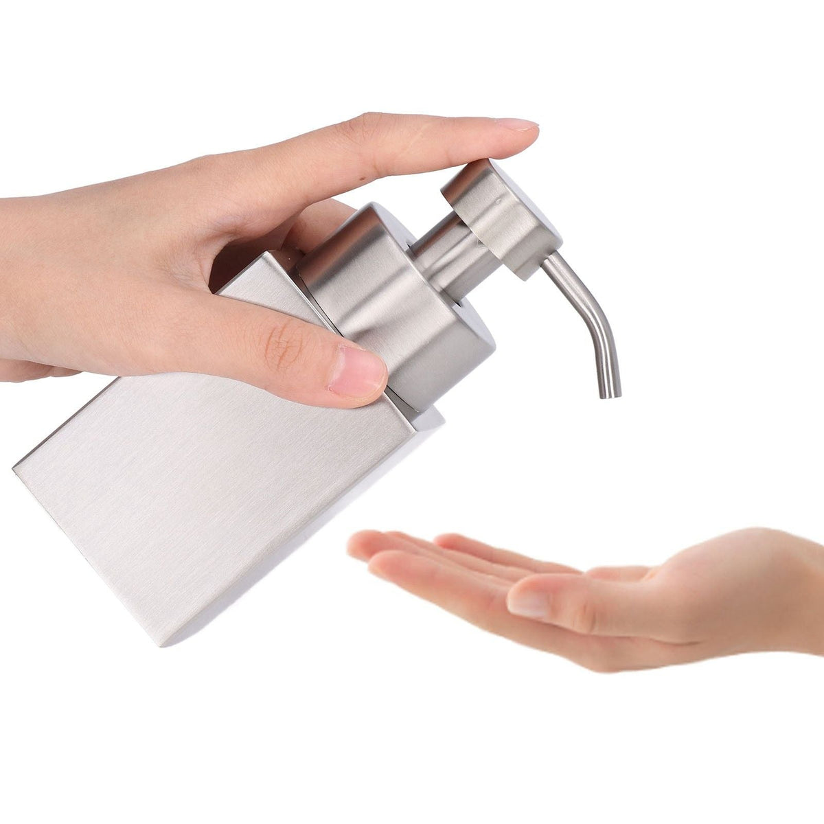 Foaming Soap Dispenser with a brushed silver stainless steel body and curved metal pump nozzle, dispensing foam