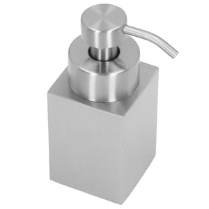 Foaming Soap Dispenser with a brushed silver stainless steel rectangular body and rounded pump top with curved nozzle