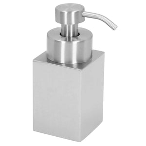 Foaming Soap Dispenser with a brushed silver stainless steel body, square bottle and curved metal pump nozzle