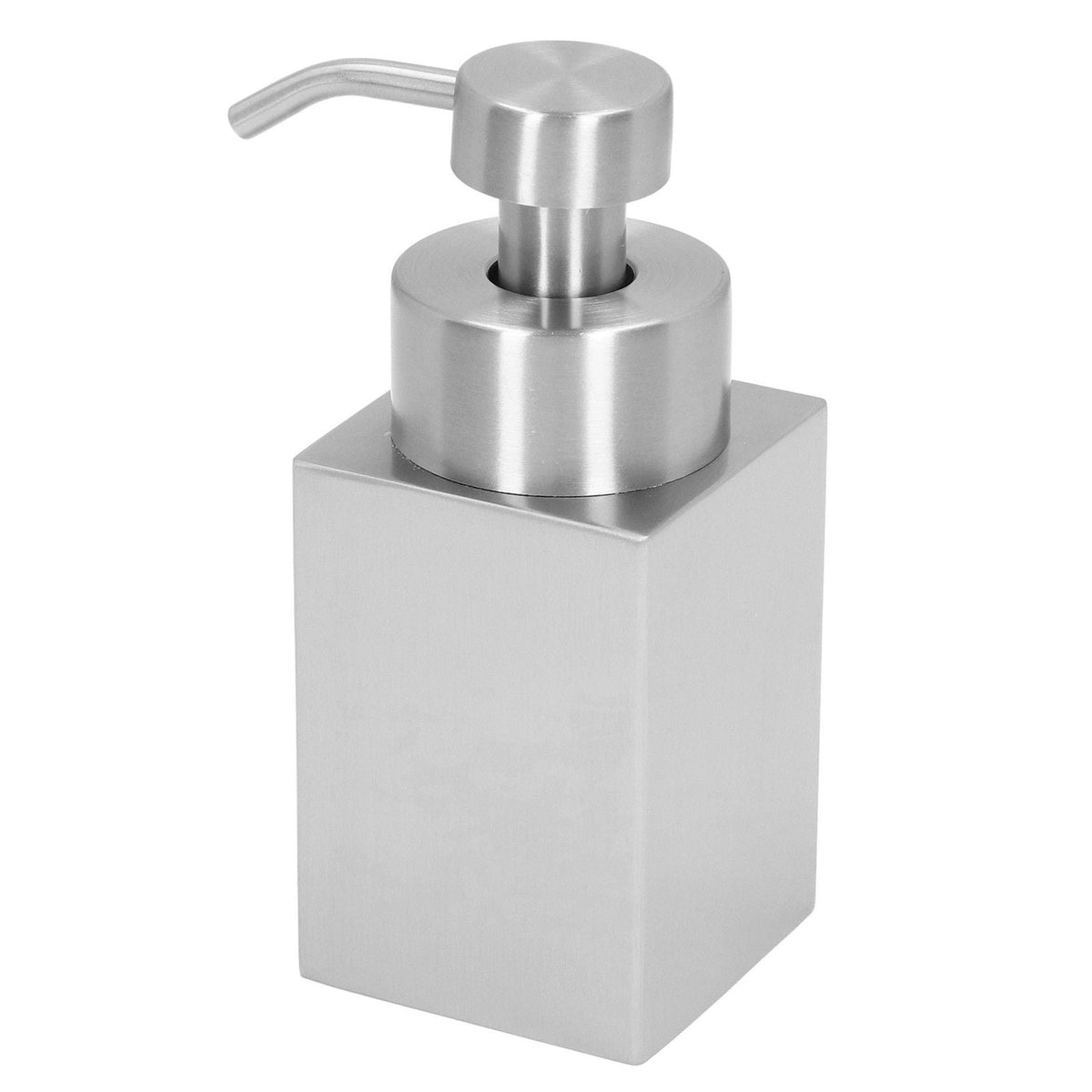 Foaming Soap Dispenser with a brushed silver stainless steel rectangular body and matching metal pump with curved spout