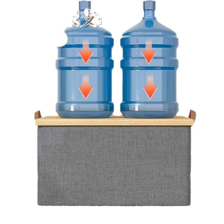 Foldable Fabric Storage Bin in grey woven fabric with a rigid rectangular shape, wooden-look top panel and side handles