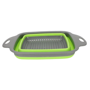 Folding Drain Basket in gray and lime green, with perforated base, flexible collapsible sides, and wide handles