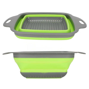 Folding Drain Basket with a gray perforated base, bright green collapsible sides, and wide handles for draining produce