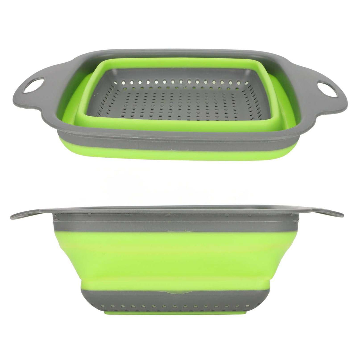 Folding Drain Basket with a gray perforated base, bright green collapsible sides, and wide handles for draining produce