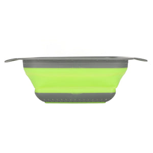 Folding Drain Basket with a bright green collapsible silicone body, gray rim and handles, and perforated base