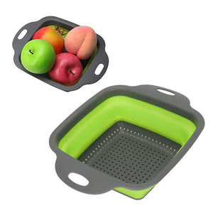 Folding Drain Basket in lime green and dark gray silicone, with perforated base, oval handles and collapsible sides