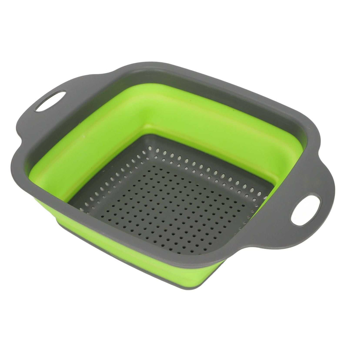 Folding Drain Basket in bright green and dark gray with a flexible collapsible body, perforated base and side handles