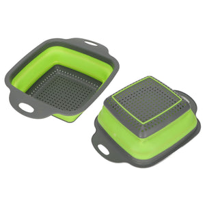 Folding Drain Basket in bright green and dark gray, with a collapsible silicone body, perforated base, and side handles