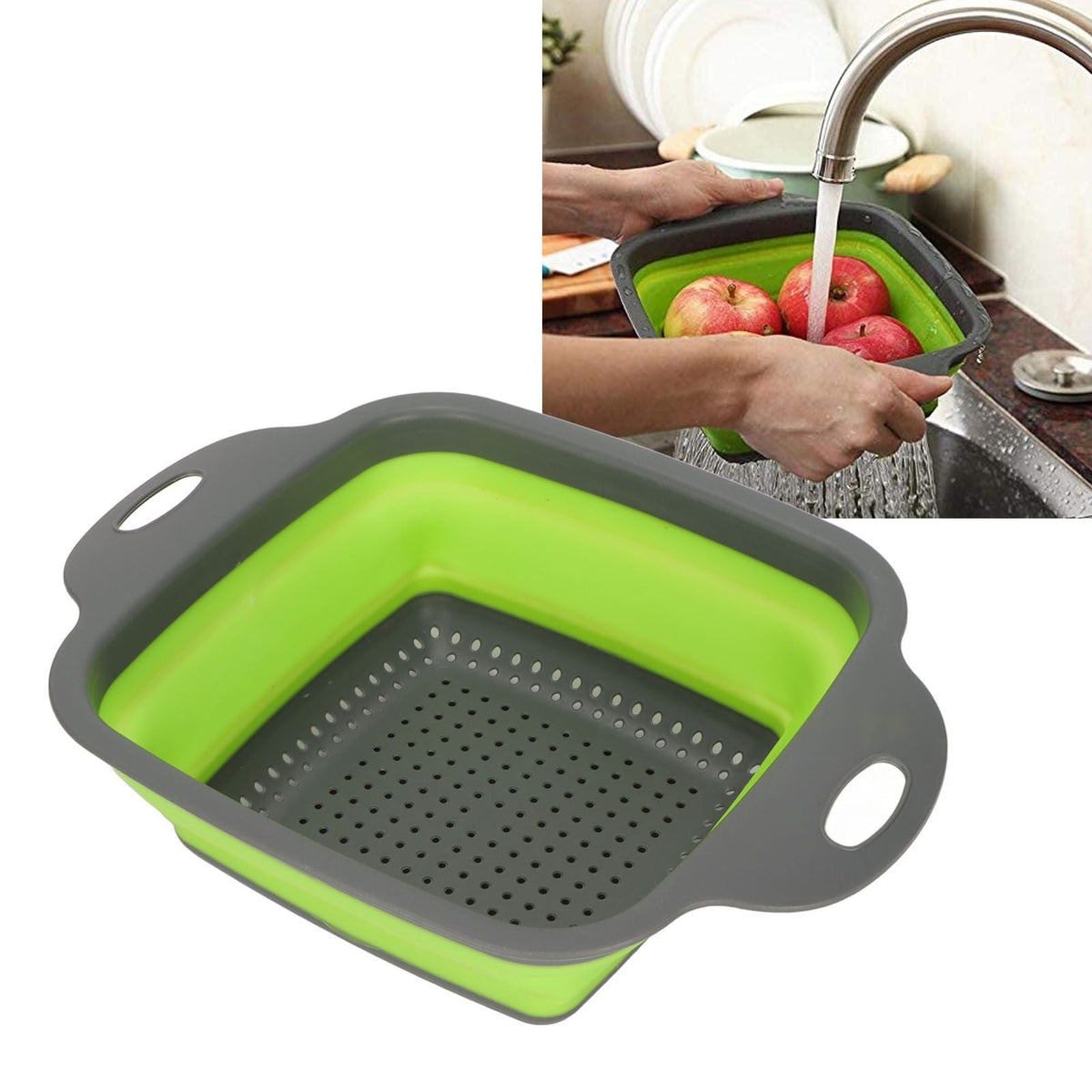 Folding Drain Basket in bright green and dark gray plastic, with perforated base and wide oval carrying handles
