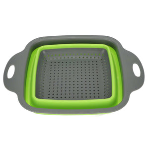 Folding Drain Basket in bright green and charcoal grey plastic, with a perforated collapsible bowl and two side handles