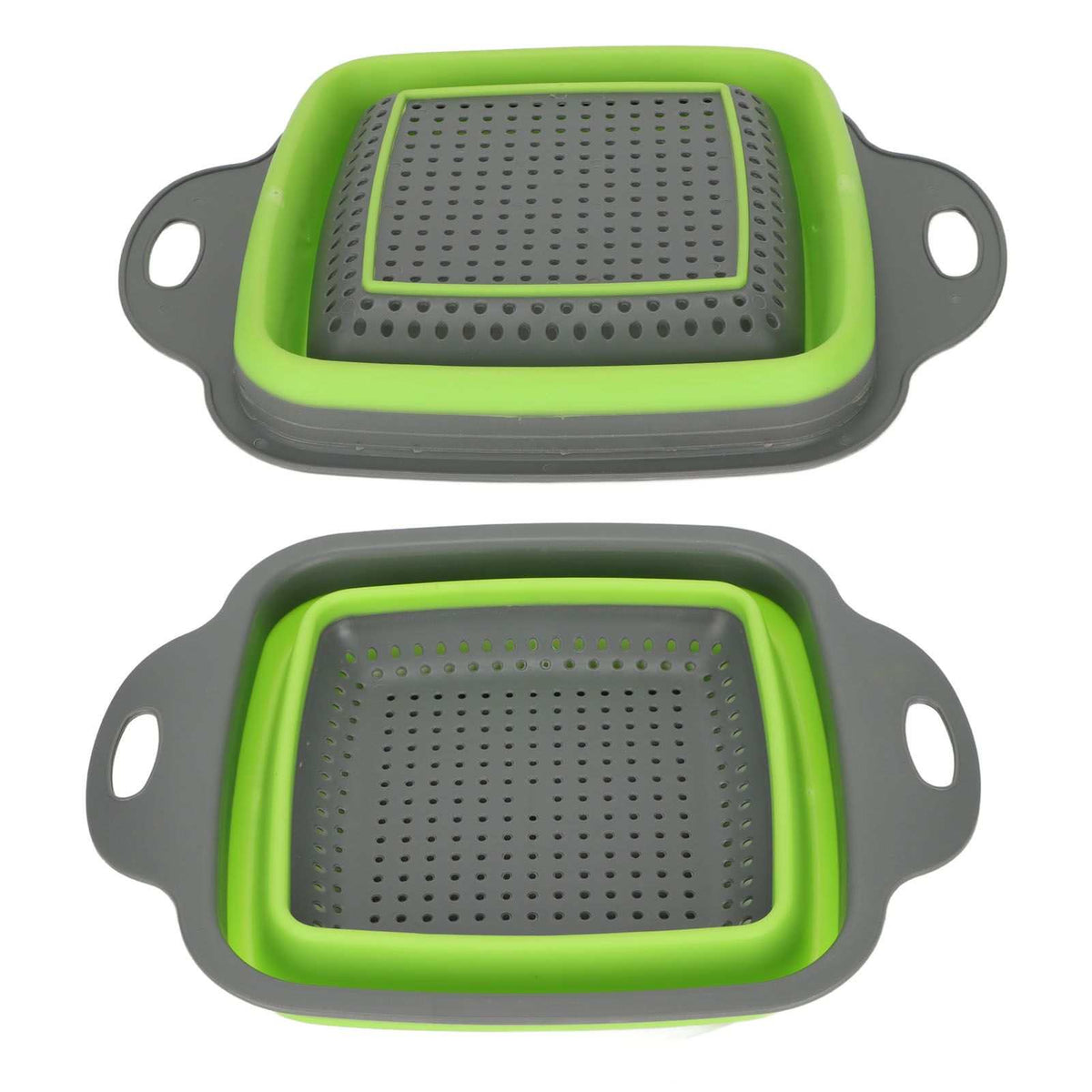 Folding Drain Basket in grey and lime green, with a collapsible perforated basin and wide side handles