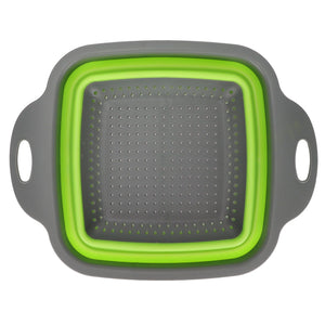Folding Drain Basket in grey and bright green plastic with perforated base, flexible collapsible sides and carrying handles