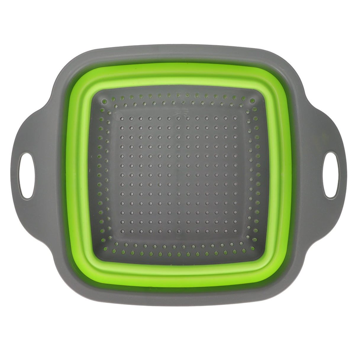 Folding Drain Basket in grey and bright green plastic with perforated base, flexible collapsible sides and carrying handles
