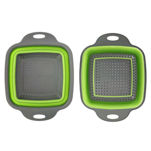 Folding Drain Basket in grey and bright green silicone, shown collapsed and expanded with perforated draining holes and handles