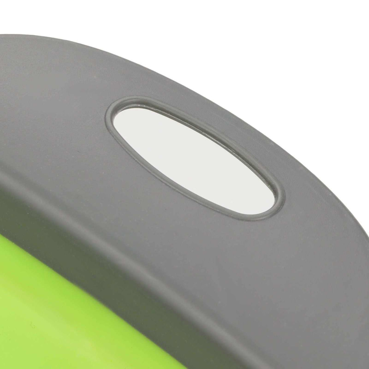 Folding Drain Basket with a grey plastic rim, bright green collapsible body and an oval integrated handle