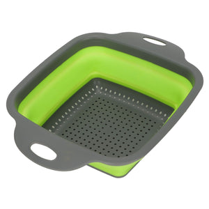 Folding Drain Basket in lime green and charcoal grey, with a collapsible silicone body, perforated base and handles