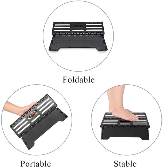 Folding Step Stool in black plastic with a textured anti-slip top, folding design, carry handle and stable base