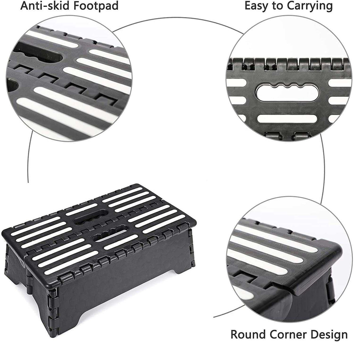 Folding Step Stool in black plastic with white anti-slip strips, a folding design, carry handle and rounded corners