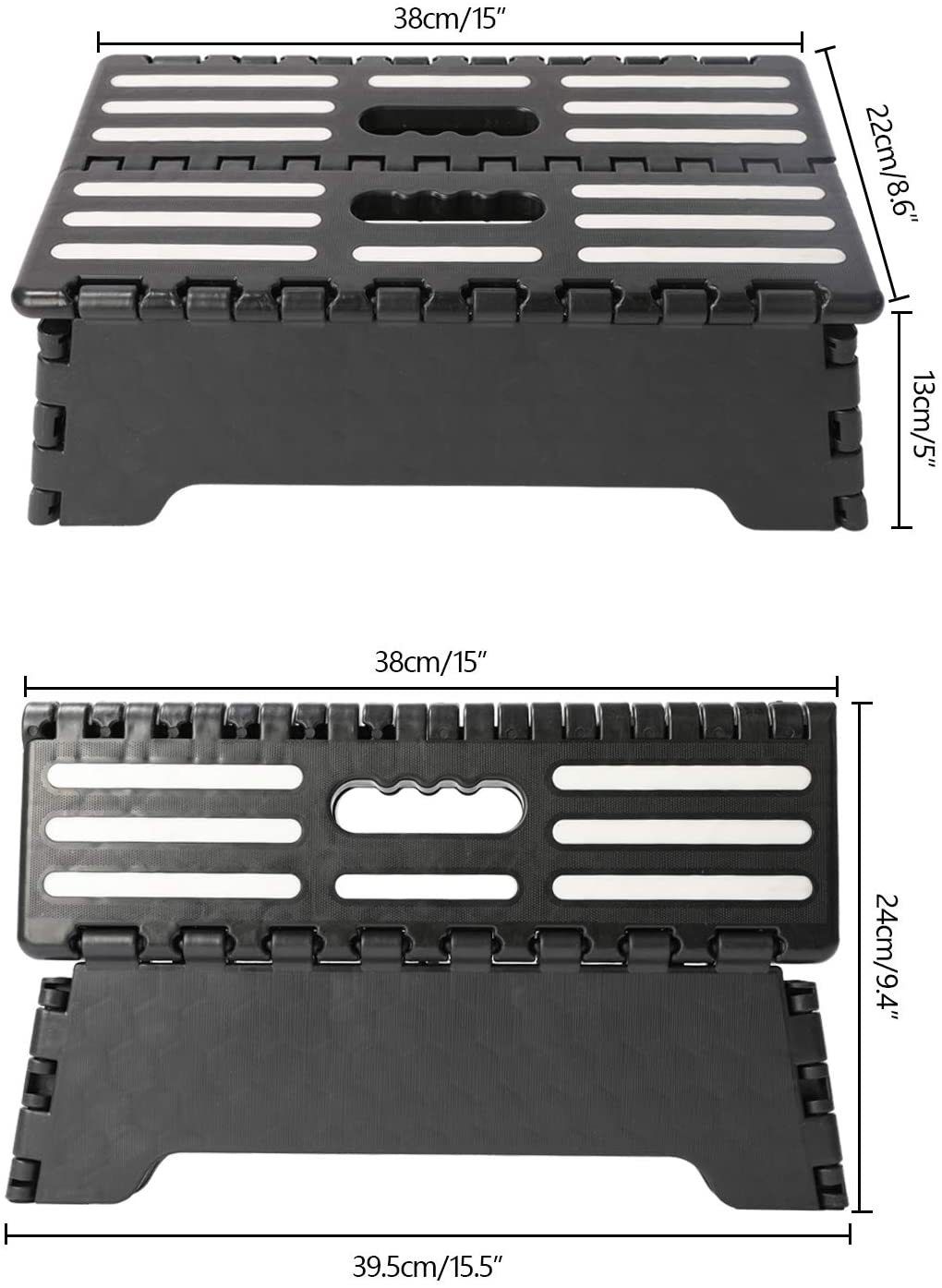 Folding Step Stool in black plastic with a textured anti-slip top, white grip strips, folding hinges and carry handle