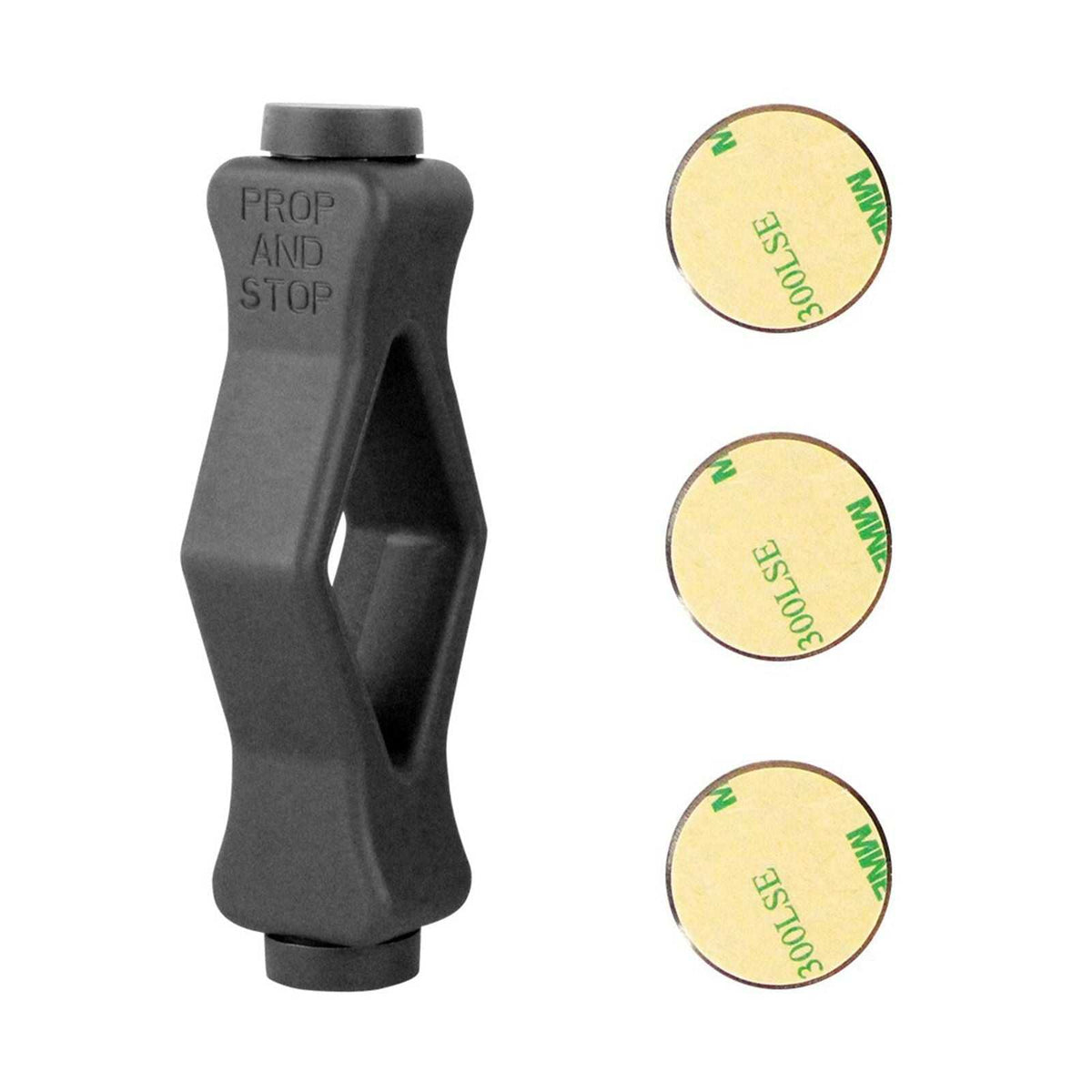 Front Load Washer Door Prop in dark grey molded material with an angular open center, alongside three round adhesive magnet stickers