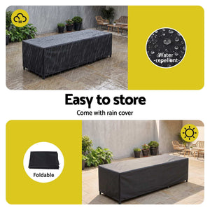 Gardeon 2PC Sun Lounger set shown under a black water-repellent rain cover, with a folded cover detail