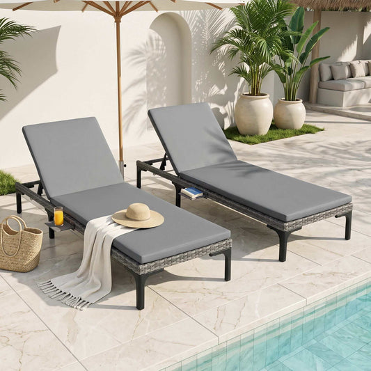 Gardeon 2PC Sun Lounger set with two grey cushioned recliners, dark woven rattan bases and adjustable backs