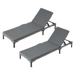 Gardeon 2PC Sun Lounger set in grey PE rattan with padded cushions and adjustable reclining backrests
