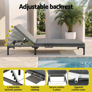 Gardeon 2PC Sun Lounger in grey PE rattan with a cushioned seat and five-position adjustable backrest