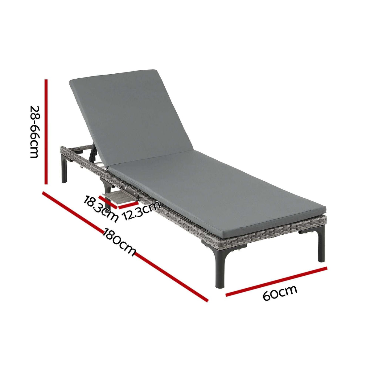 Gardeon 2PC Sun Lounger with grey cushions, woven PE rattan sides and an adjustable reclining backrest