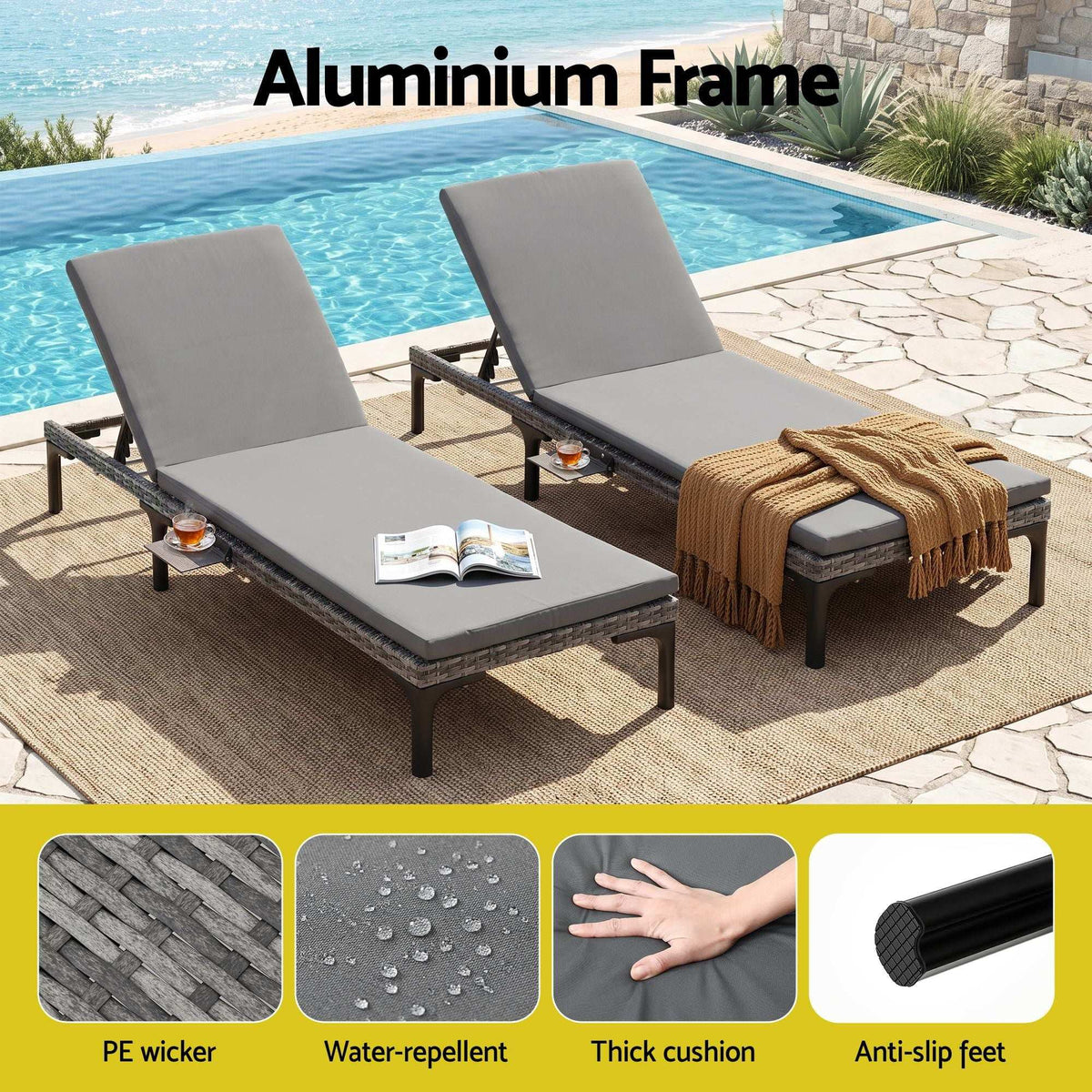 Gardeon 2PC Sun Lounger set with two grey cushioned PE rattan recliners, aluminium frames, and adjustable backs
