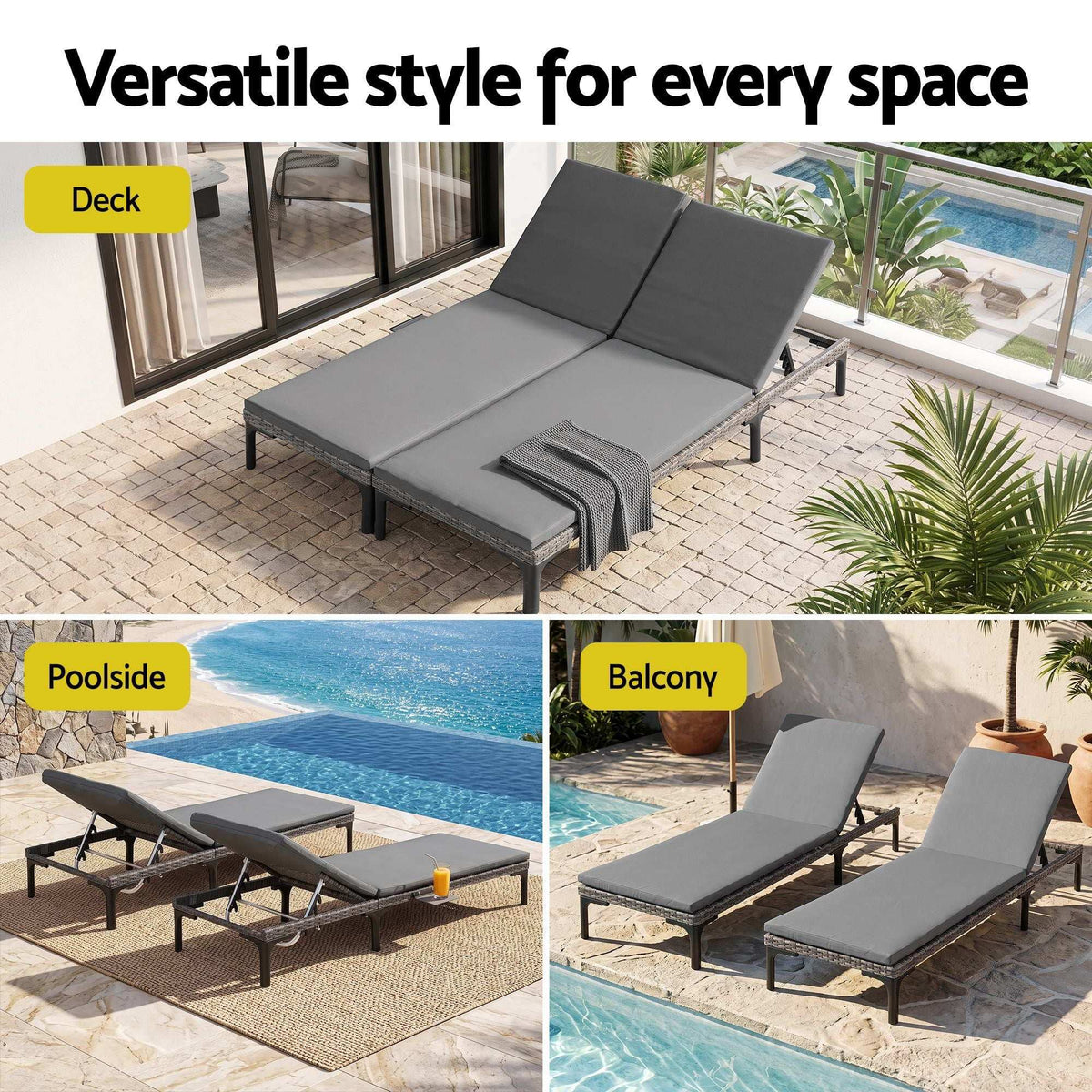 Gardeon 2PC Sun Lounger set with two grey cushioned recliners, black woven frames and adjustable backs