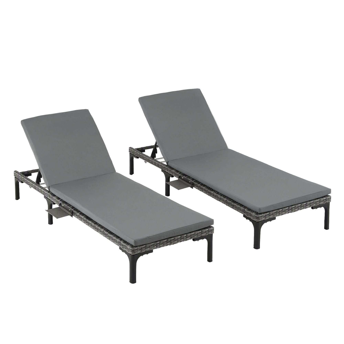 Gardeon 2PC Sun Lounger set with two grey cushioned recliners, woven rattan frames and adjustable backrests