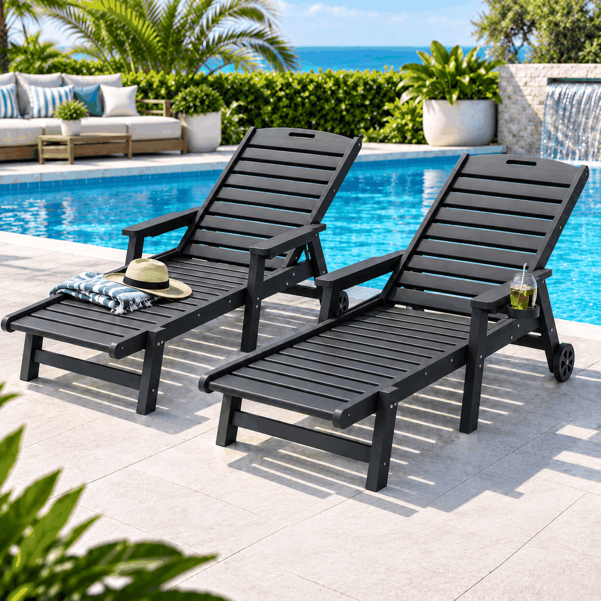 Gardeon 2PCS Sun Lounge set with two black slatted loungers, adjustable backs, wheels and built-in cup holders