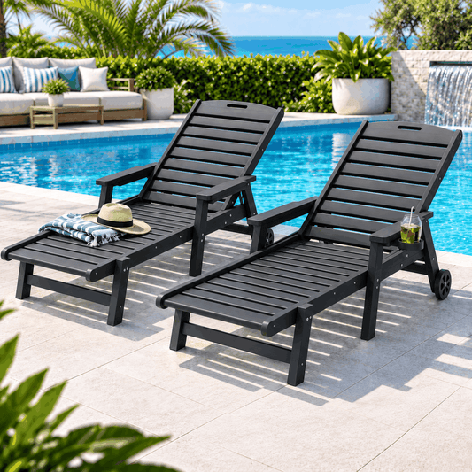 Gardeon 2PCS Sun Lounge set with two black slatted loungers, adjustable backs, wheels and built-in cup holders