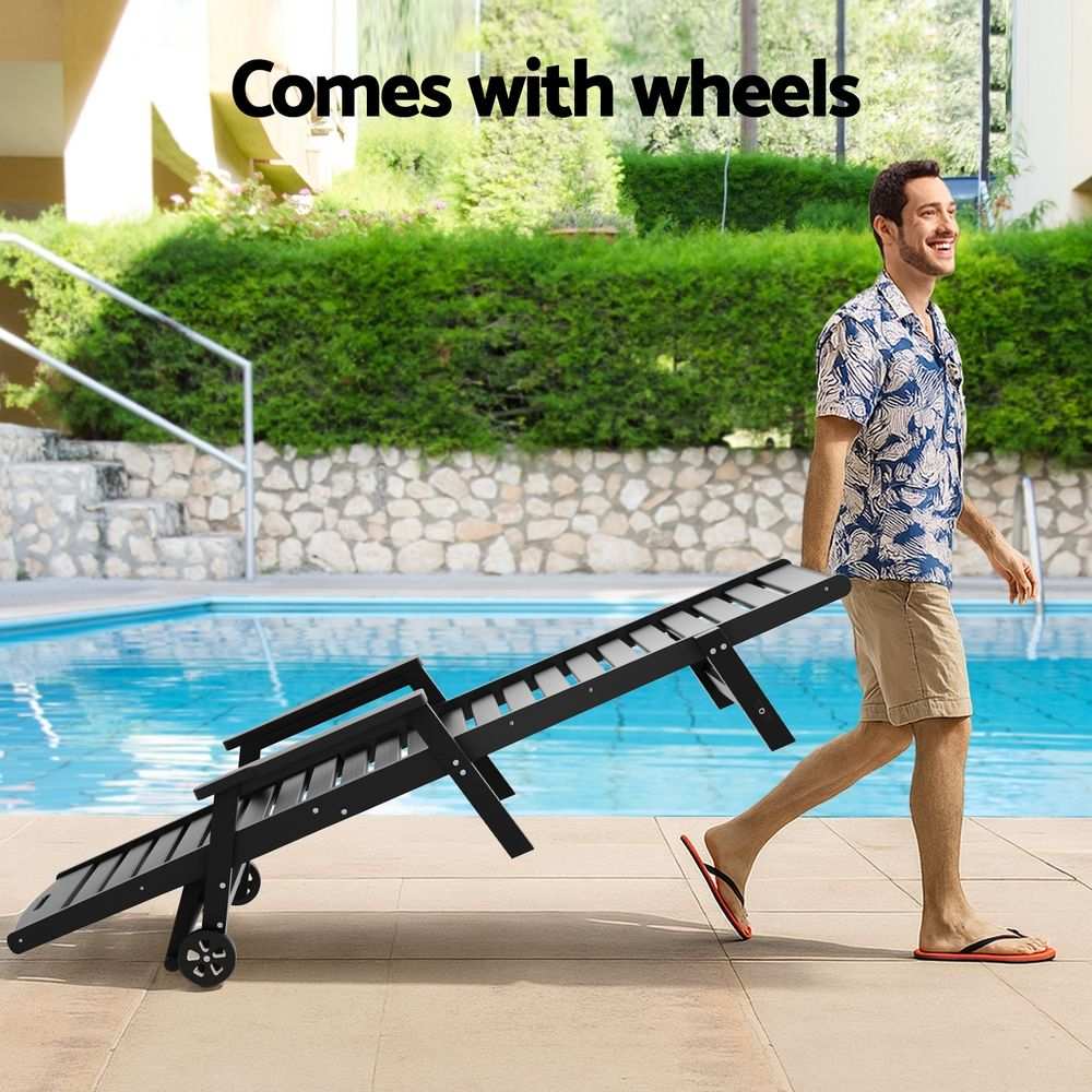 Gardeon 2PCS Sun Lounge black slatted lounger with adjustable backrest, metal frame and rolling wheels