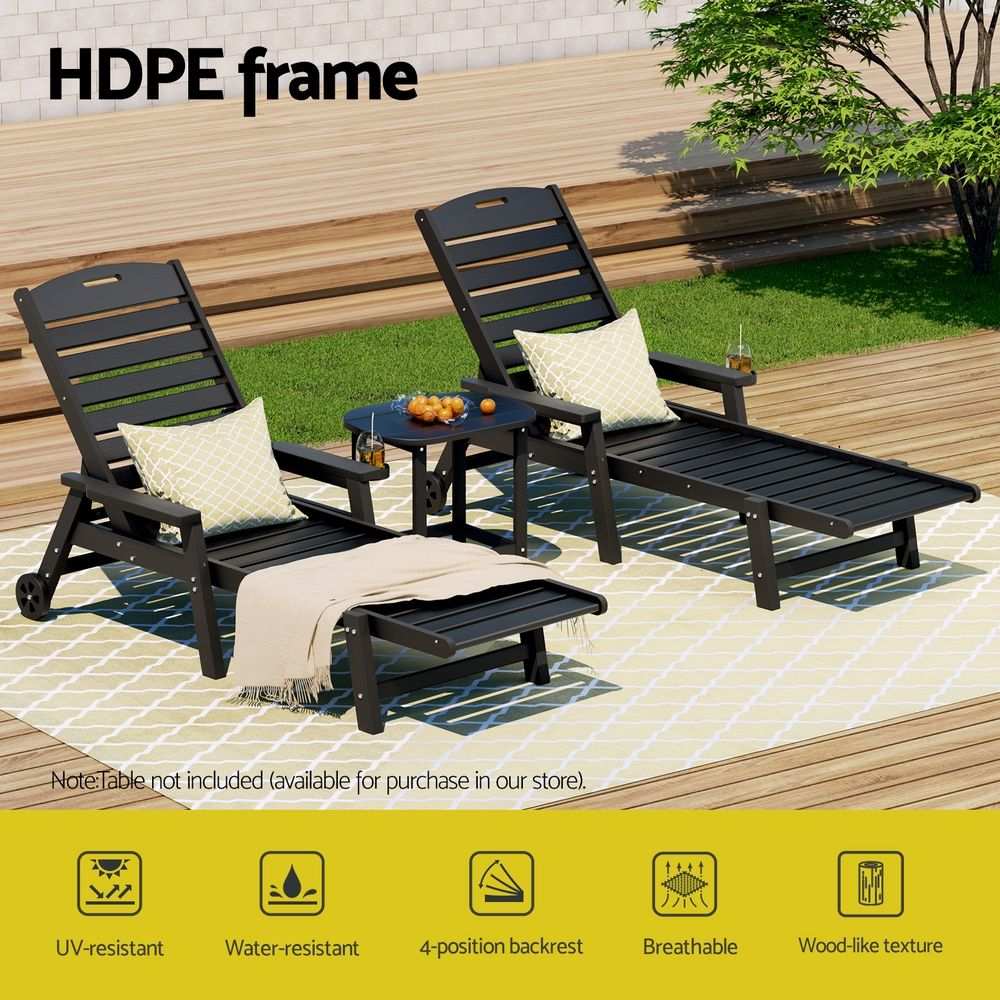 Gardeon 2PCS Sun Lounge set in black wood-grain HDPE, featuring slatted frames and four-position adjustable backrests