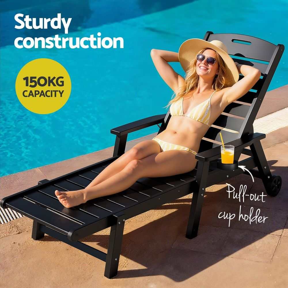 Gardeon 2PCS Sun Lounge black HDPE chaise with adjustable slatted backrest, pull-out cup holder and wheels