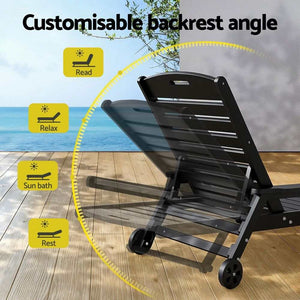 Gardeon 2PCS Sun Lounge black HDPE lounger with slatted adjustable backrest and sturdy rolling wheels