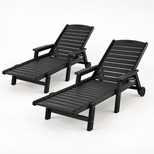 Gardeon 2PCS Sun Lounge set in black wood-grain HDPE, with slatted adjustable backs, armrests and wheels