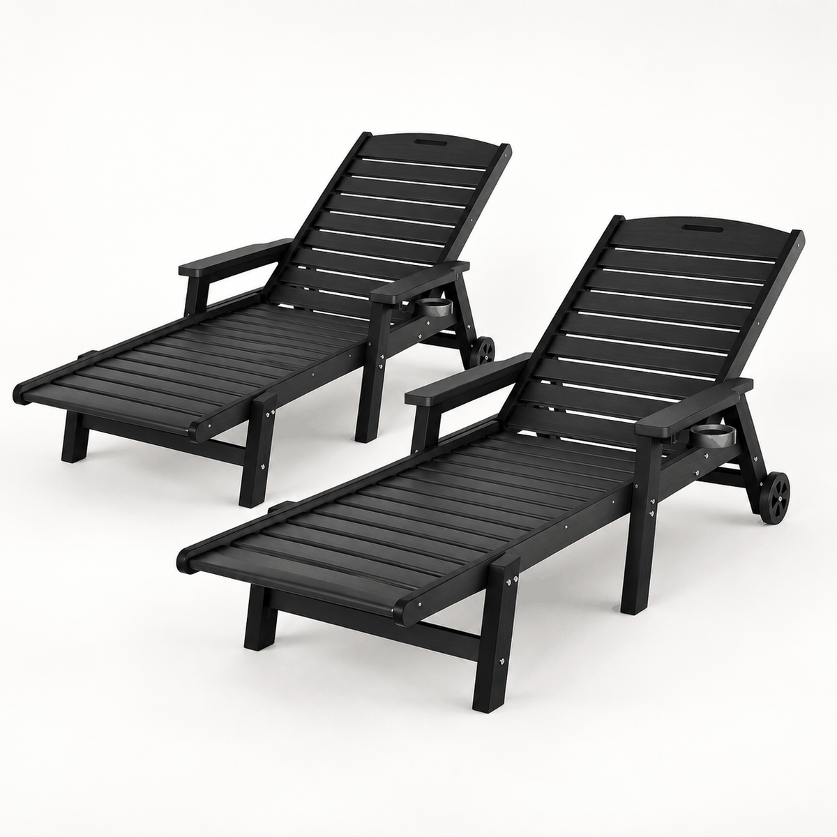 Gardeon 2PCS Sun Lounge set in black wood-grain HDPE, with slatted adjustable backs, armrests and wheels