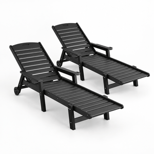 Gardeon 2PCS Sun Lounge set of two black slatted loungers with adjustable backs, armrests and wheels