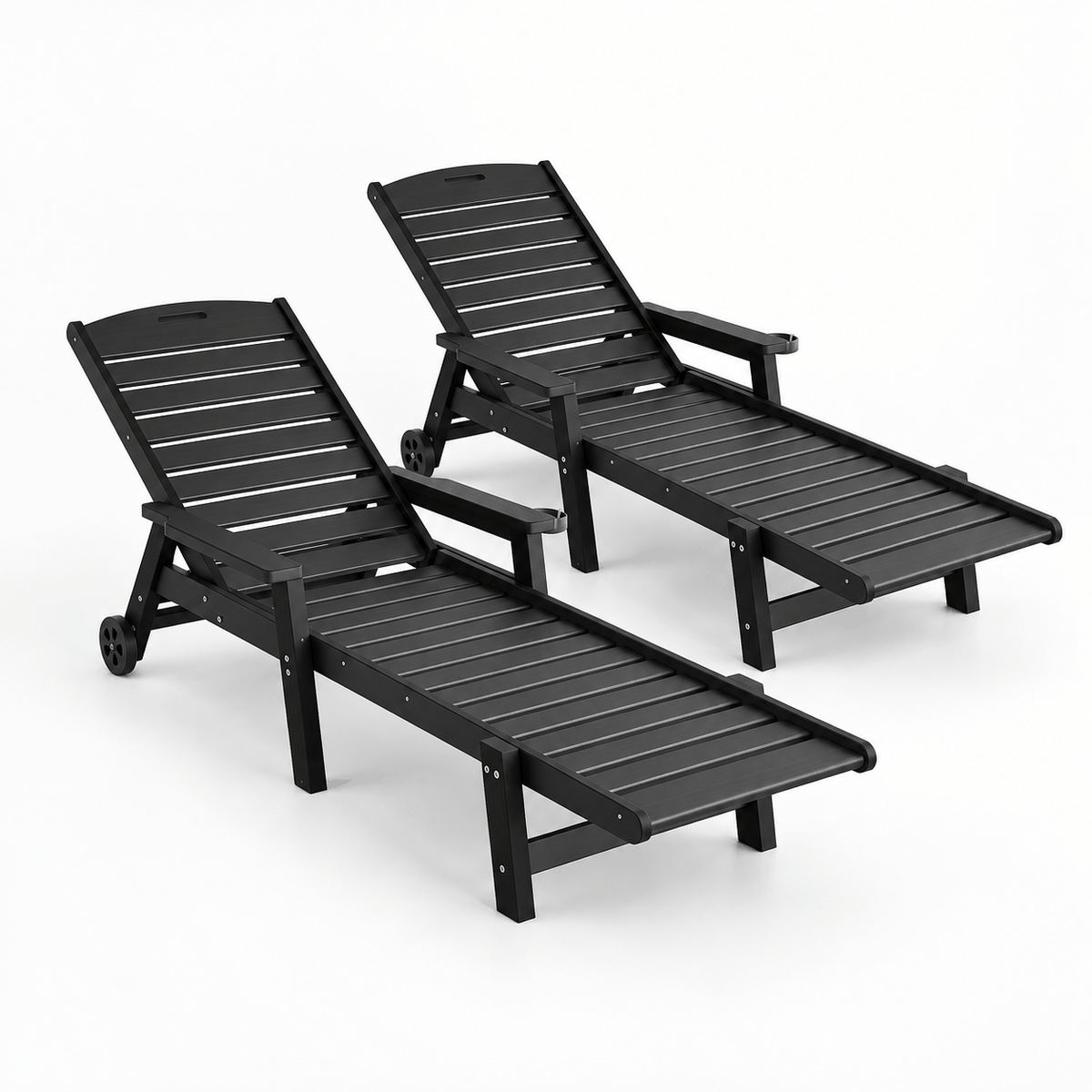 Gardeon 2PCS Sun Lounge set of two black slatted loungers with adjustable backs, armrests and wheels