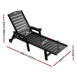 Gardeon 2PCS Sun Lounge lounger chair with a black slatted frame, adjustable reclining backrest, armrests and wheels