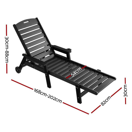 Gardeon 2PCS Sun Lounge lounger chair with a black slatted frame, adjustable reclining backrest, armrests and wheels