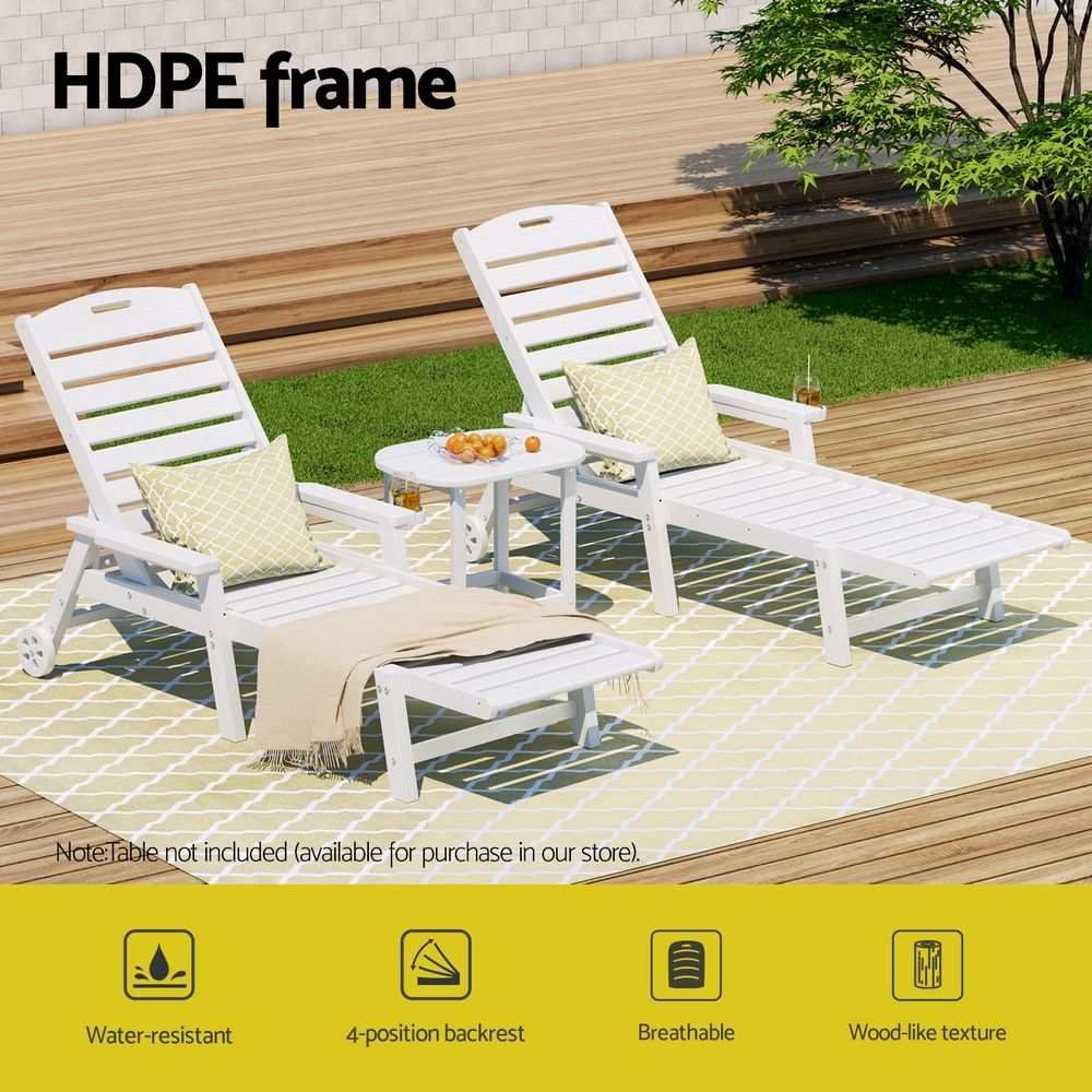 Gardeon 2PCS Sun Lounge set of white wood-grain HDPE loungers with slatted seats and adjustable backrests