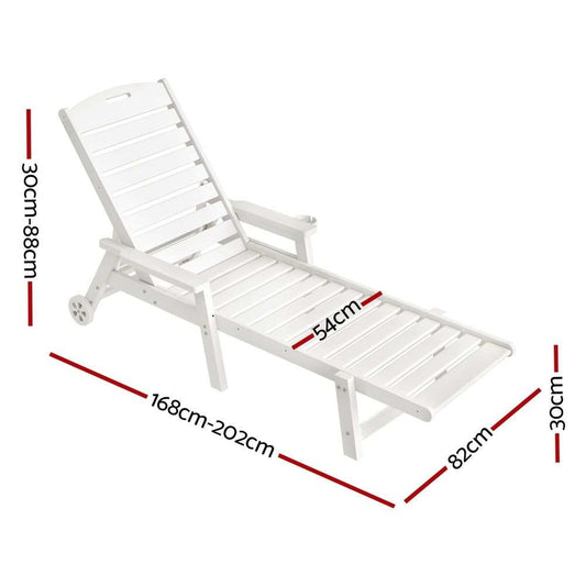 Gardeon 2PCS Sun Lounge white wood-grain HDPE lounger with adjustable slatted backrest, armrests and a rolling wheel