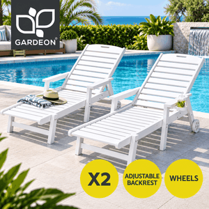 Gardeon 2PCS Sun Lounge set of two white slatted HDPE loungers with adjustable backs, wheels and cup holders